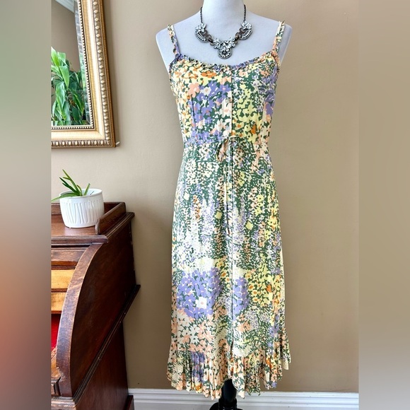Evereve Rails Adalyn Midi Dress in Gardenia Floral Print Green Yellow Ruffle S - Picture 3 of 16